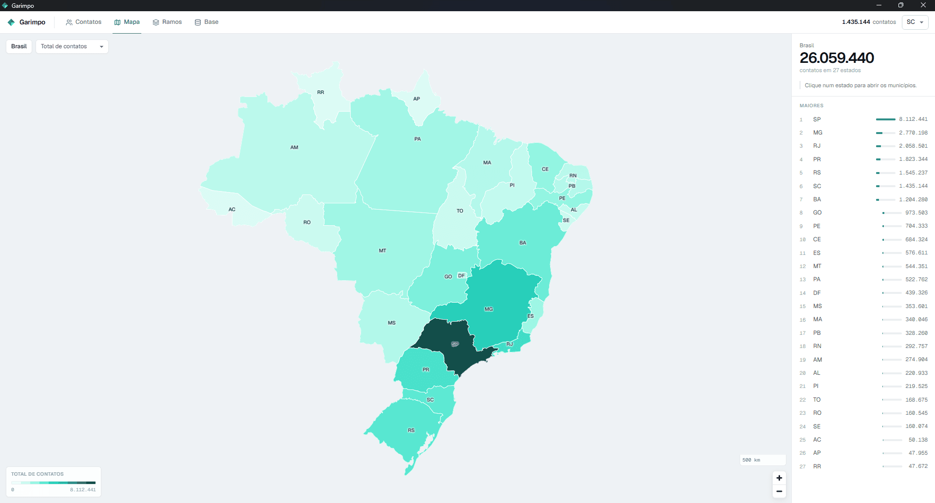 Mapa de oportunidades por estado no Garimpo