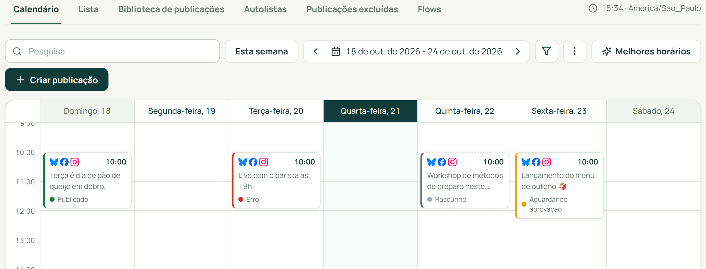 Tela real do calendário de publicações do MetriFree